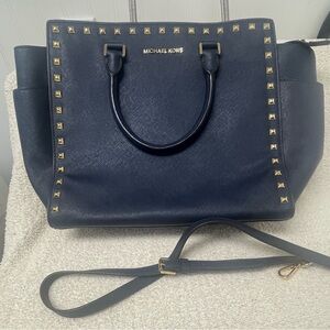Michael Kors Selma Studded Satchel Bag Navy Medium Saffiano Leather Pre-owned